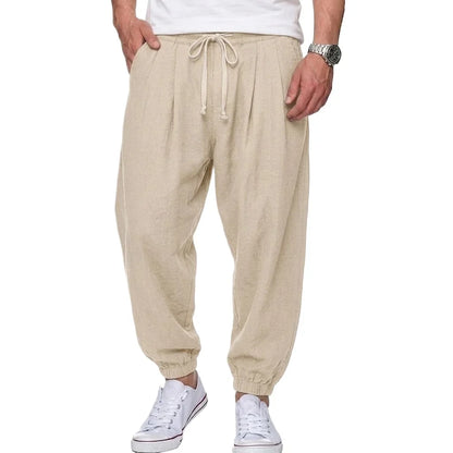 Freizeithose Herren Leinen-Optik Kordelzug lockere Passform Elastikbund