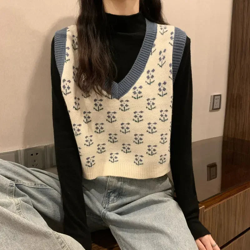 Damen Strickweste mit Blumenmuster V-Ausschnitt, ärmelloser Pullover