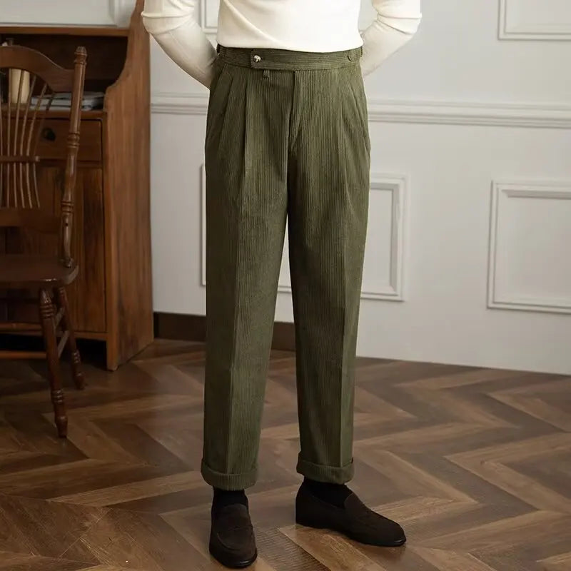 Cordhose Herren Plissee Weites Bein Knopfleiste Beige