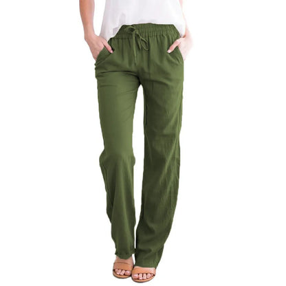 Damen Freizeithose mit weitem Bein und Kordelzug, Leinen-Look, Elastischer Bund