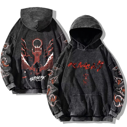 Oversized Kapuzenpullover Dunkelgrau mit Front- und Rückenprint und Ärmelprints