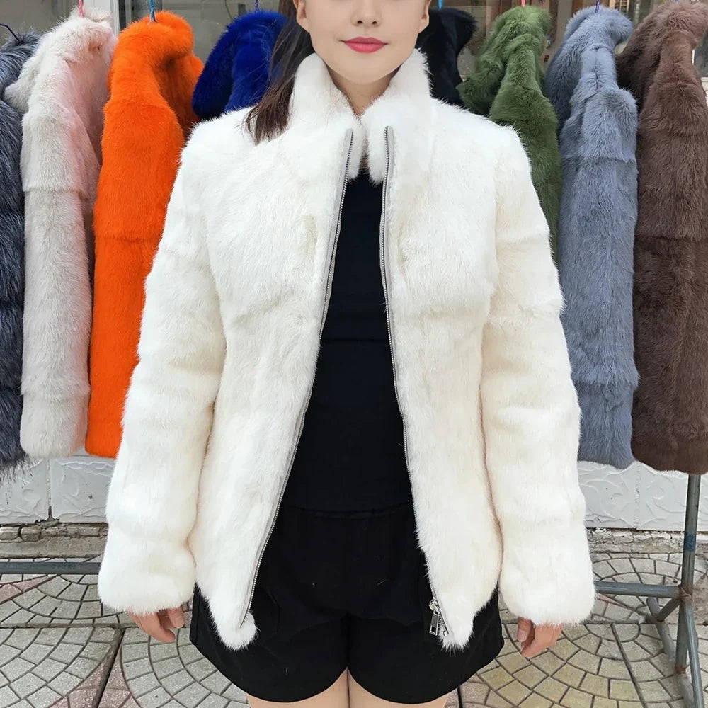 Damen Kurzmantel aus Kunstfell mit Stehkragen luxuriöse Winterjacke