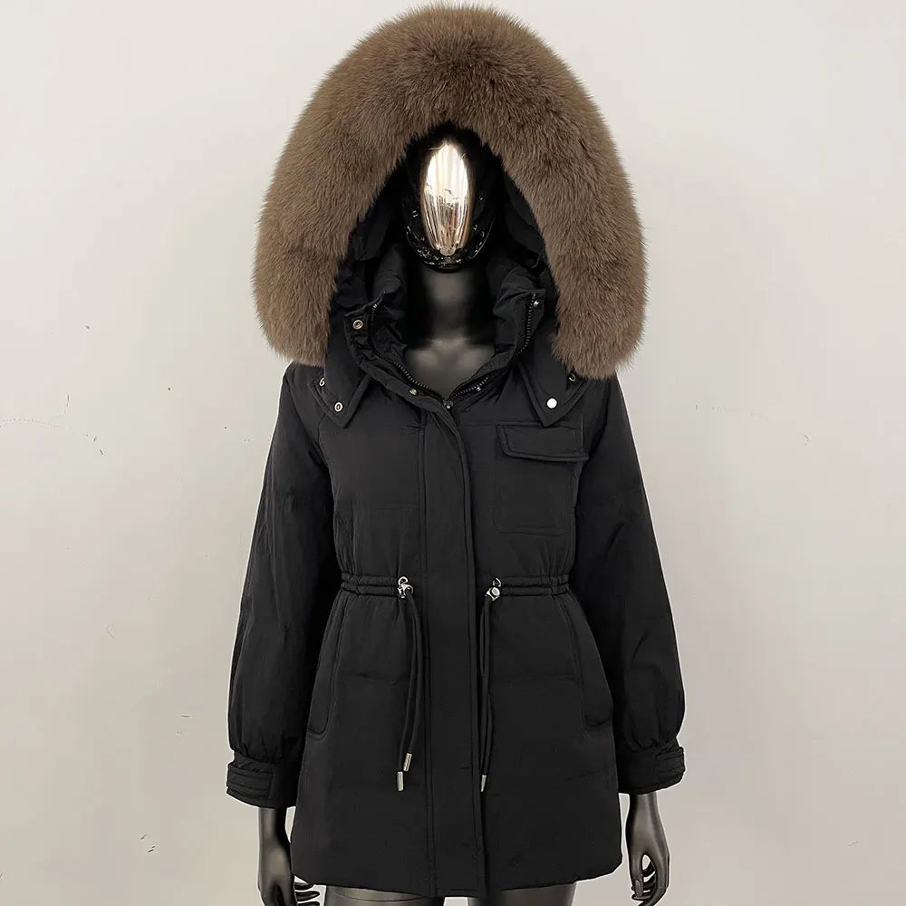 Damen Winter Parka mit Kapuze und Fellkragen Tunnelzug Weiß