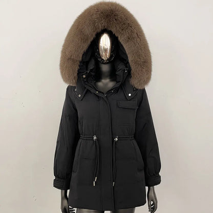 Damen Winter Parka mit Kapuze und Fellkragen Tunnelzug Weiß