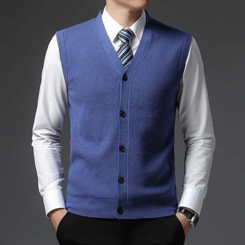 Herren Cardigan Weste V-Ausschnitt Knopfleiste Rippstrick Optik Einfarbig