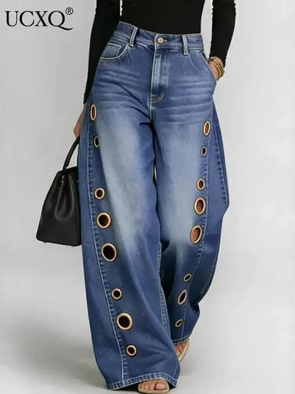 Damen Weite Jeans Hose mit Ösen Details und Hohem Bund