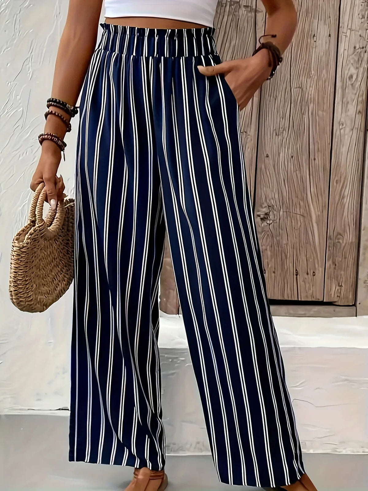 Damen Culotte Hose gestreift mit weitem Bein und Gummizugbund