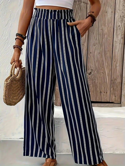 Damen Culotte Hose gestreift mit weitem Bein und Gummizugbund