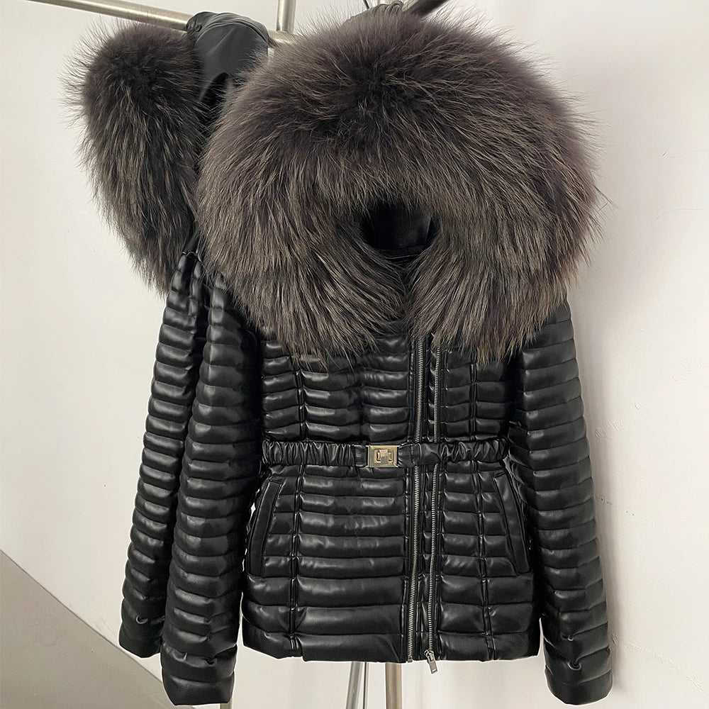 Damen Steppjacke Schwarz mit Pelzkragen & Gürtel, winterliche Outdoor-Jacke mit Reißverschluss