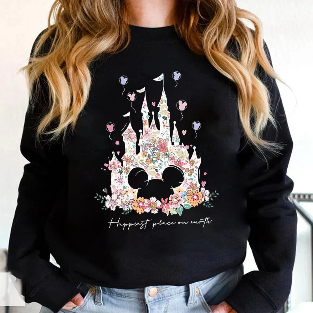 Damen Sweatshirt mit Blumen Schloss Motiv und "Happiest Place on Earth" Aufdruck