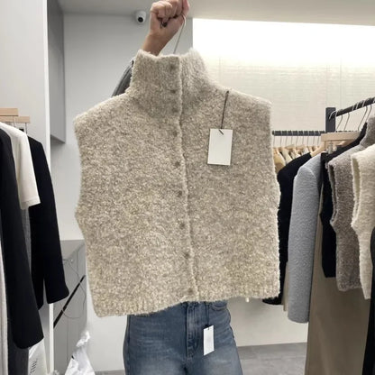 Damen Ärmellose Strickweste mit Stehkragen Bouclé-Optik