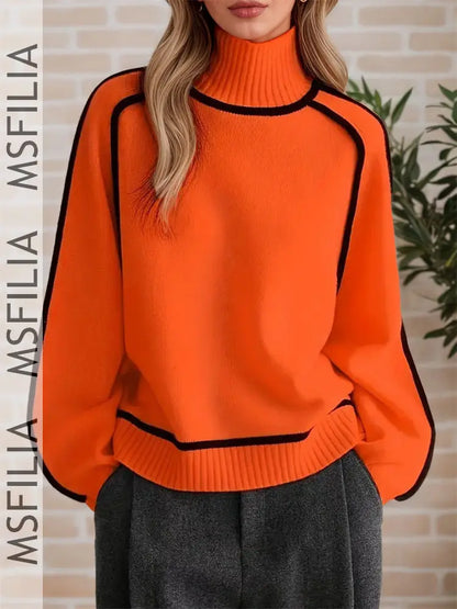 Damen Rollkragenpullover mit Kontrastbesatz