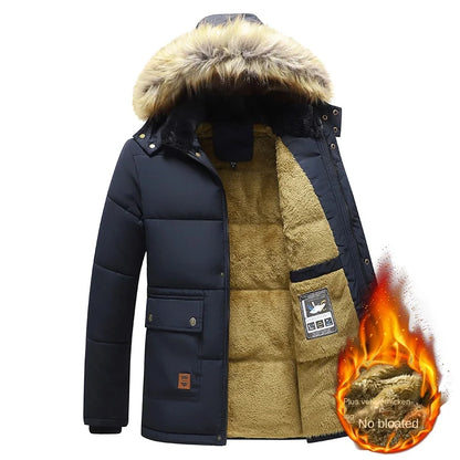 Herren Winterjacke Schwarz gefüttert mit Kapuze und Kunstfellkragen