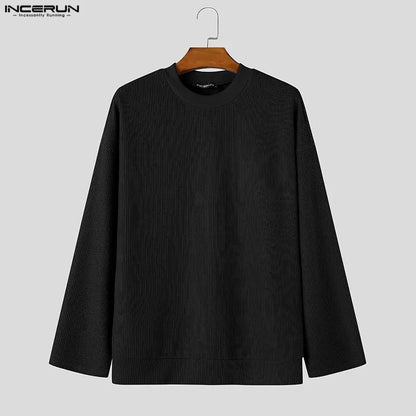 Herren Langarmshirt gerippt Schwarz Rundhals weiter Schnitt