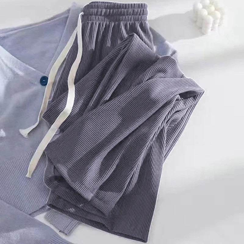 Gerippte Lounge Hose mit Tunnelzug – Weite Bein Freizeithose