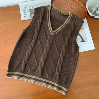 Strick Weste Damen V-Ausschnitt Zopfmuster College-Stil Ärmelloser Pullover