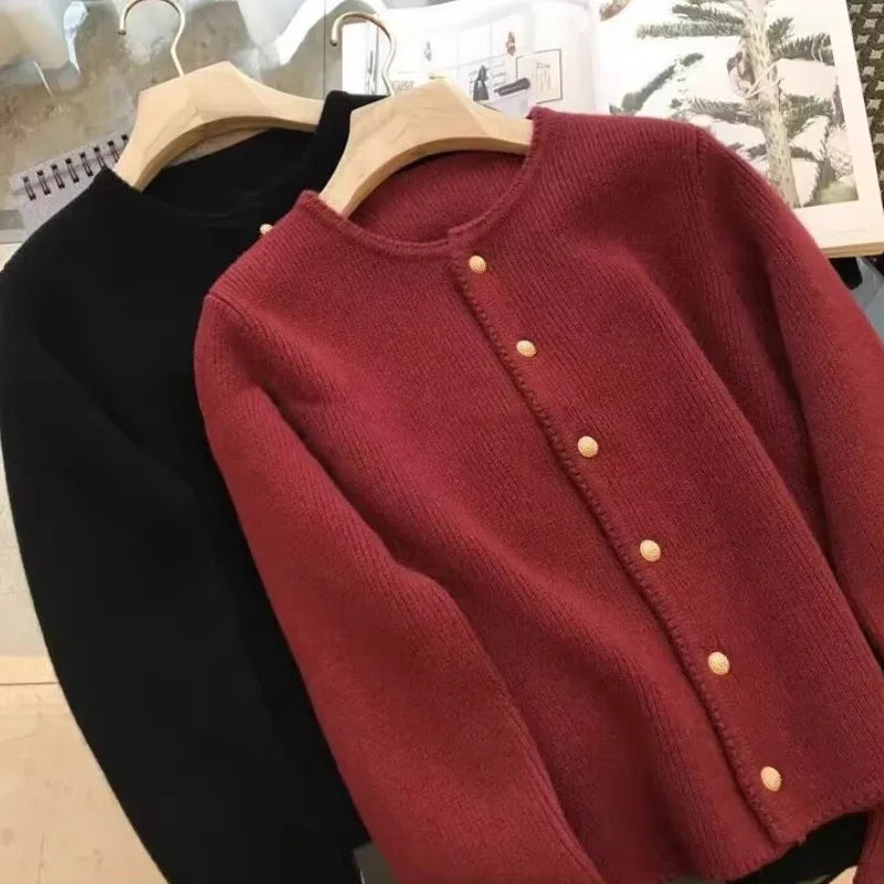Damen Cardigan Rundhals Goldknöpfe Langarm Strickjacke