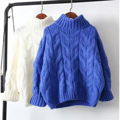 Damen Rollkragenpullover Gelb Strick Zopfmuster Oversized