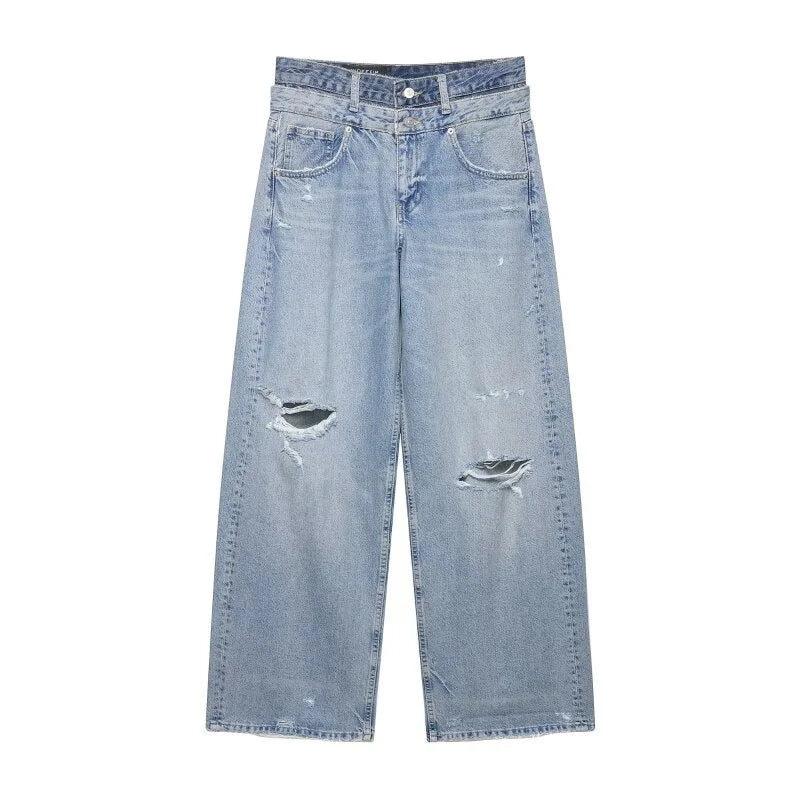 Damen Jeans Wide Leg Hellblau Used-Look mit Rissen High Waist