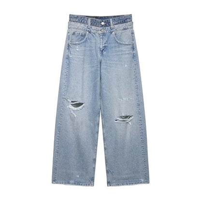 Damen Jeans Wide Leg Hellblau Used-Look mit Rissen High Waist