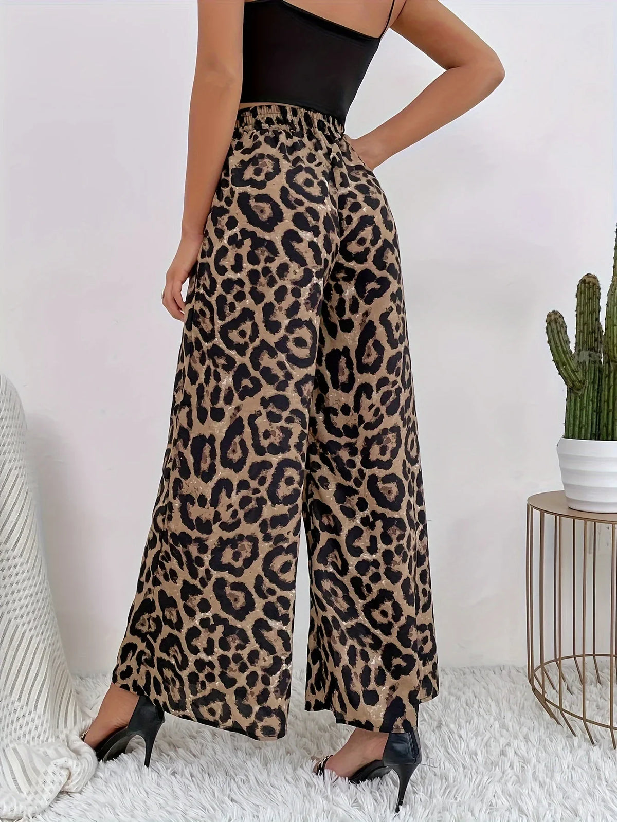 Damen Palazzo Hose Leo-Print Weites Bein