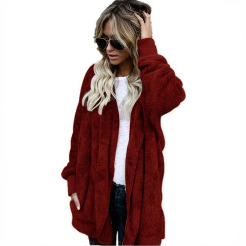 Damen Kuscheliger Teddyfell Cardigan Langarm Offene Vorderseite