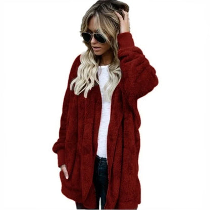 Damen Kuscheliger Teddyfell Cardigan Langarm Offene Vorderseite