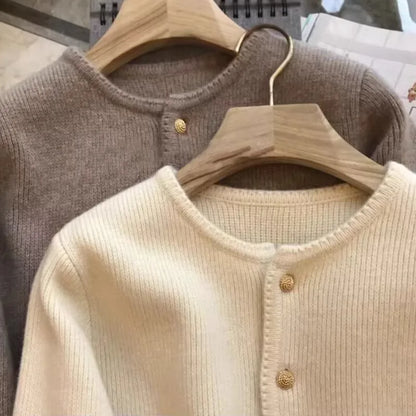 Damen Cardigan Rundhals Goldknöpfe Langarm Strickjacke