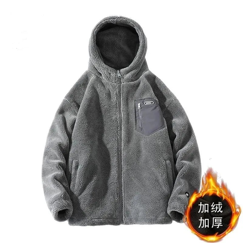 Unisex Kapuzen Fleecejacke Grau mit Brusttasche Reißverschluss