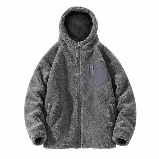 Unisex Kapuzen Fleecejacke Grau mit Brusttasche Reißverschluss
