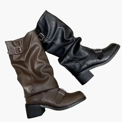 Damen Stiefel mit Schnalle, modische kniehohe Boots für Herbst und Winter