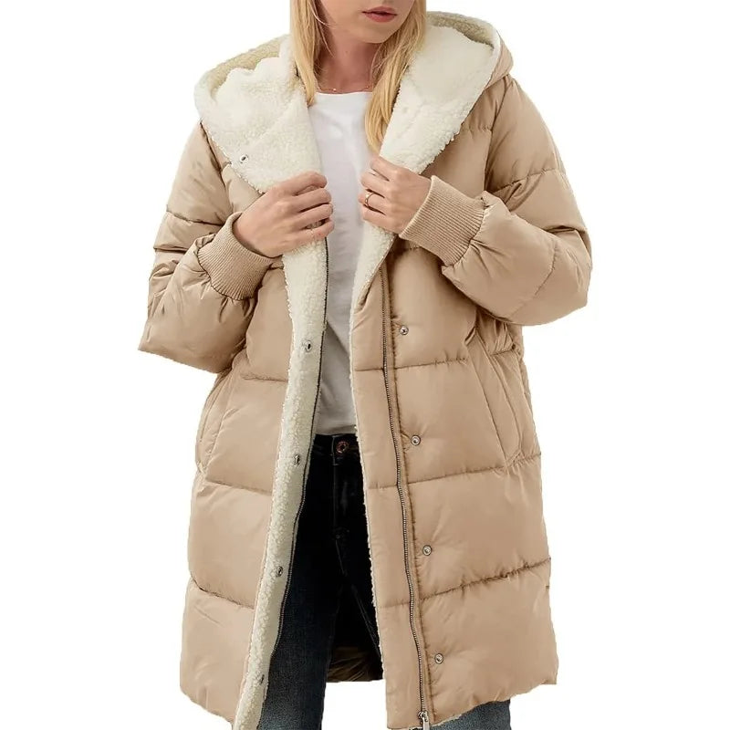 Damen Langer Steppmantel mit Kapuze Gefüttert Winter Jacke