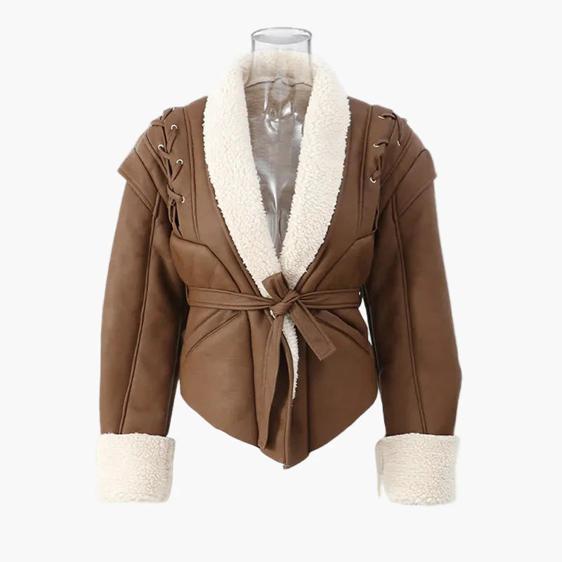 Damen Lammfell-Optik Wickeljacke – Modische Winterjacke mit Gürtel für Alltag und Freizeit