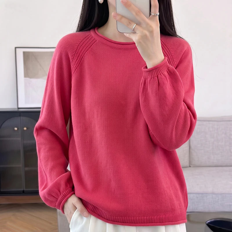Damen Pullover Rundhals Langarm Strickpullover lockerer Schnitt