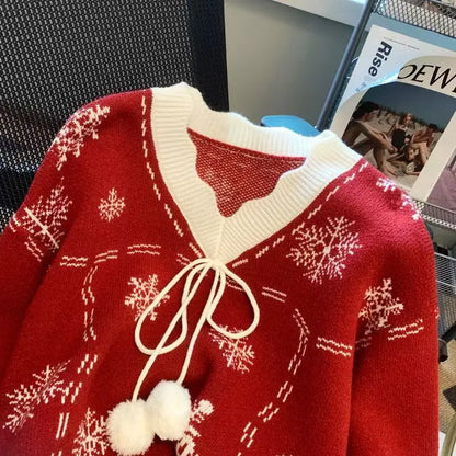 Damen Winter Strickjacke mit Schneeflocken-Muster und Pompons – Festlicher Cardigan im Vintage-Stil