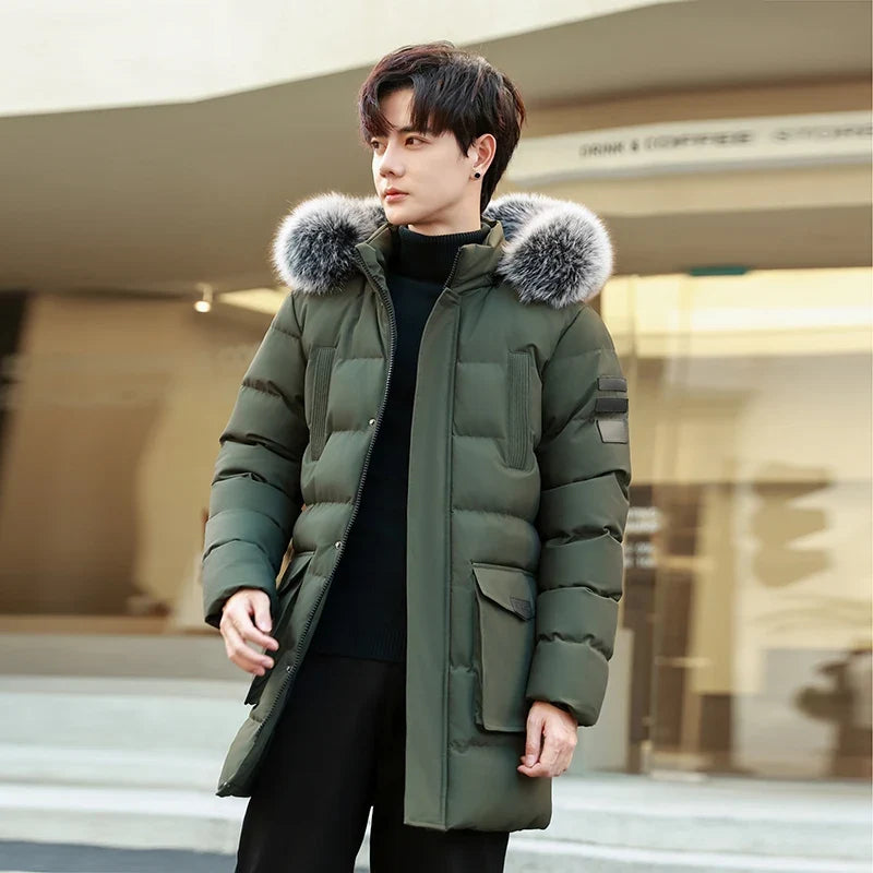 Herren Winterparka mit Kapuze Kunstfellbesatz Steppjacke Lang Warme Outdoormantel