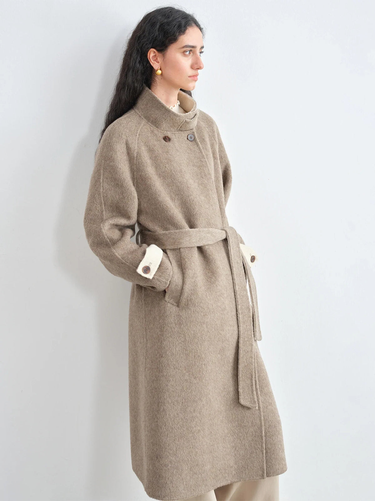Damen Mantel Lang Wickeldesign Braun Stehkragen