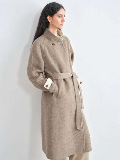 Damen Mantel Lang Wickeldesign Braun Stehkragen