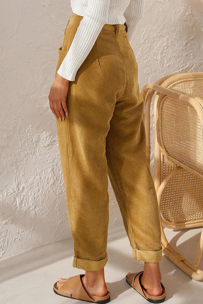 Damen Cordhose Plissee High Waist Cropped-Hose mit Falten