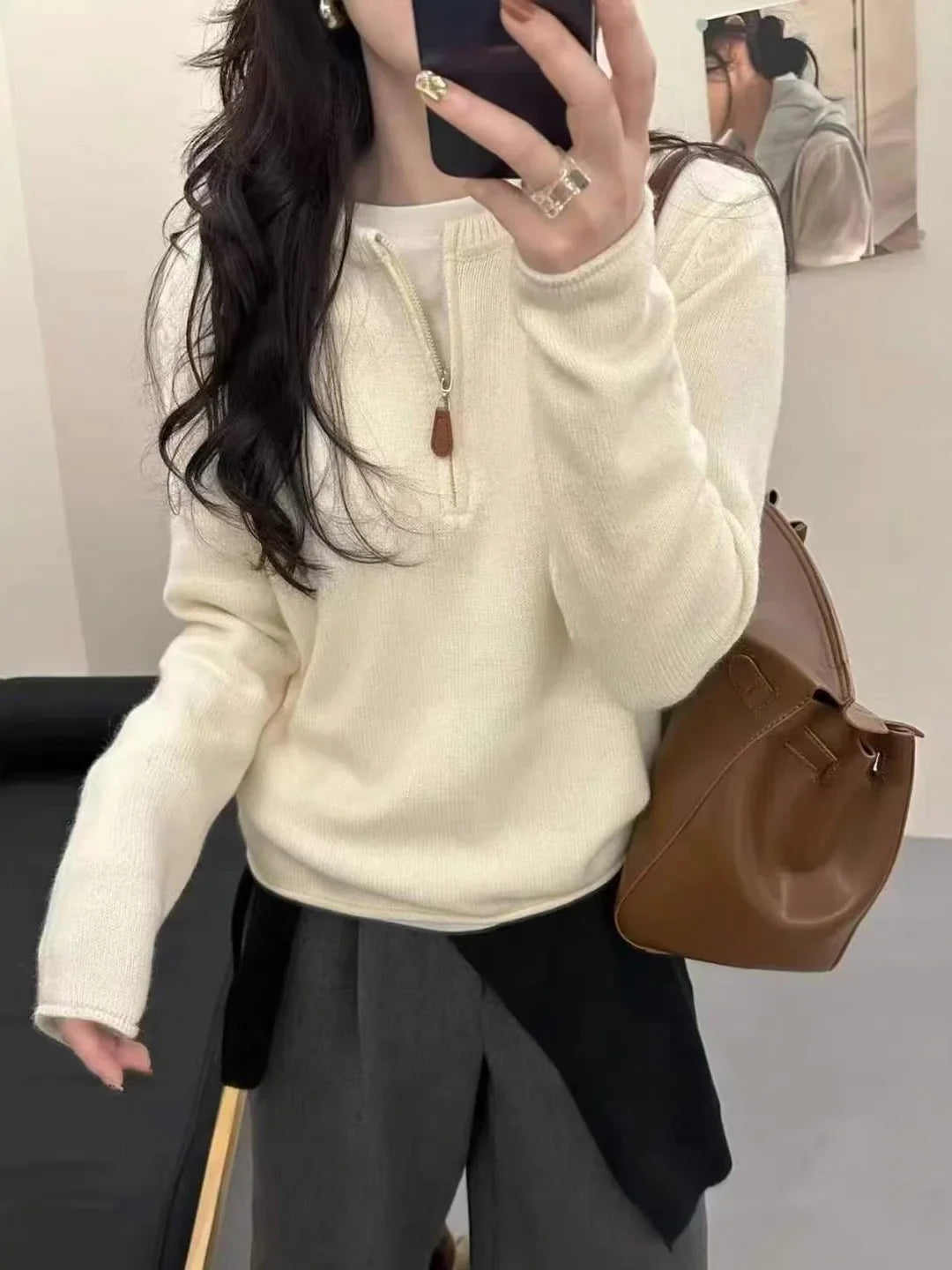 Damen Strickpullover mit Reißverschluss Kragen, Langarm