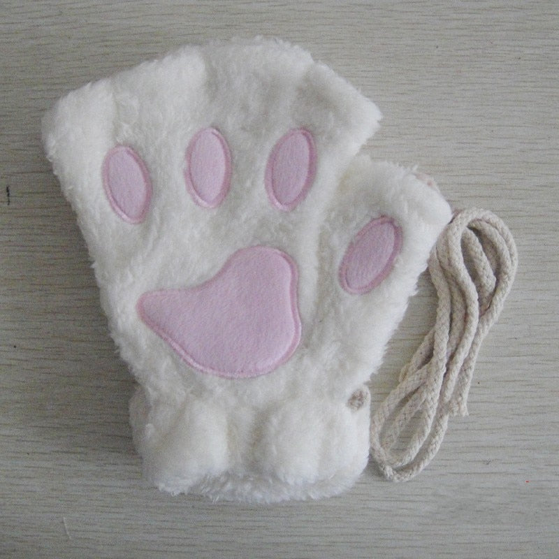 Fingerlose Plüschhandschuhe mit Pfotenmotiv und Kordel Rosa