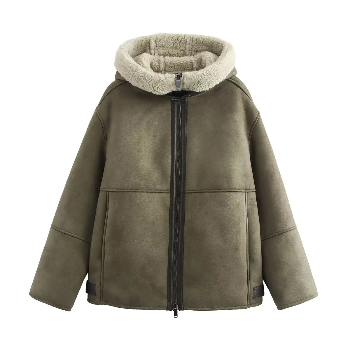 Grüne Damen Jacke mit Kapuze, Reißverschluss und Teddyfutter