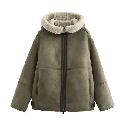 Grüne Damen Jacke mit Kapuze, Reißverschluss und Teddyfutter
