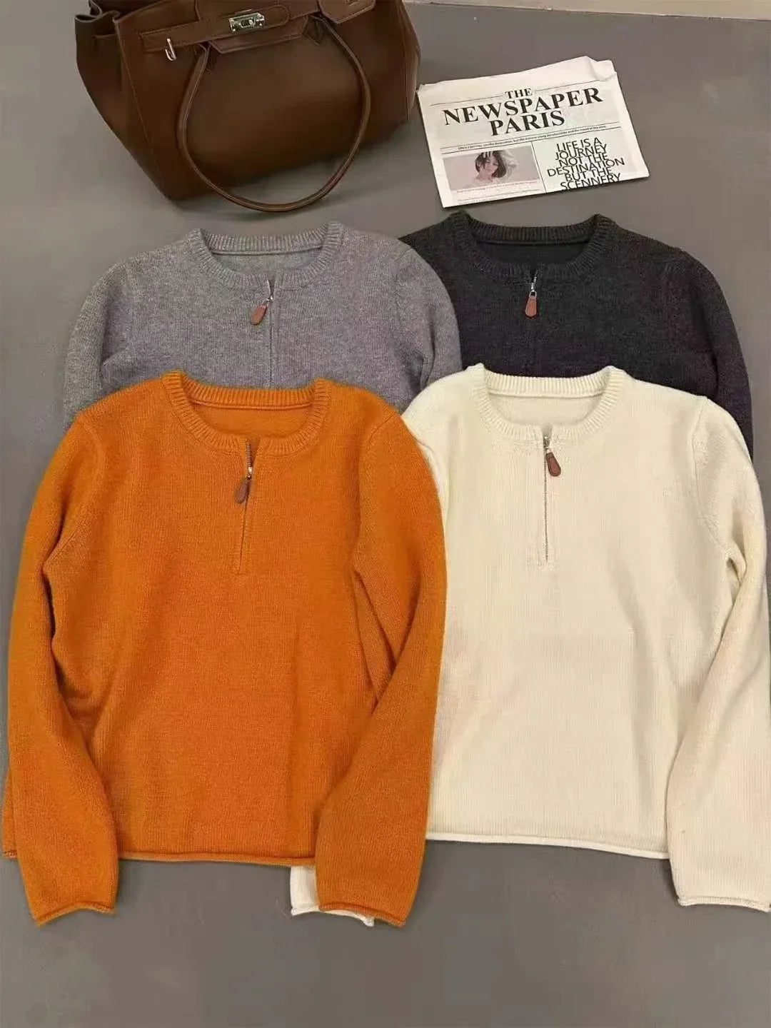 Damen Strickpullover mit Reißverschluss Kragen, Langarm