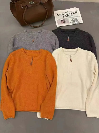 Damen Strickpullover mit Reißverschluss Kragen, Langarm