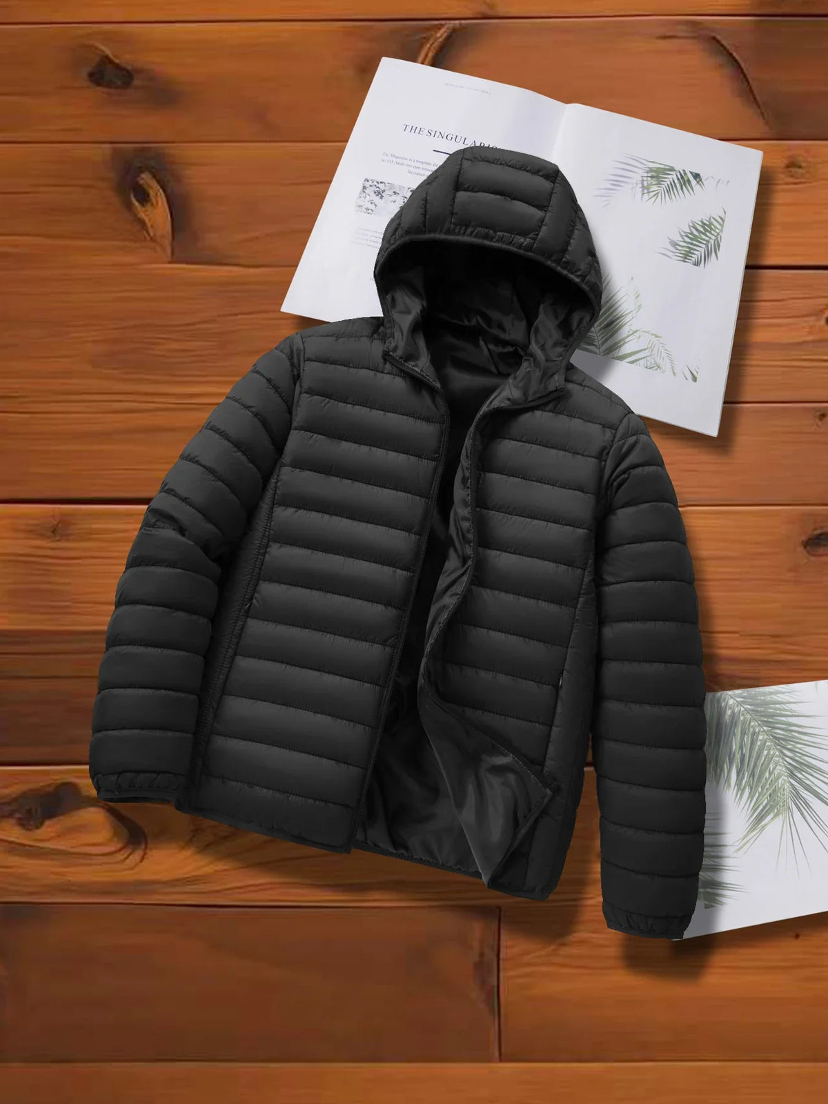 Gesteppte Daunenjacke mit Kapuze für Herren, Reißverschluss, Winterjacke
