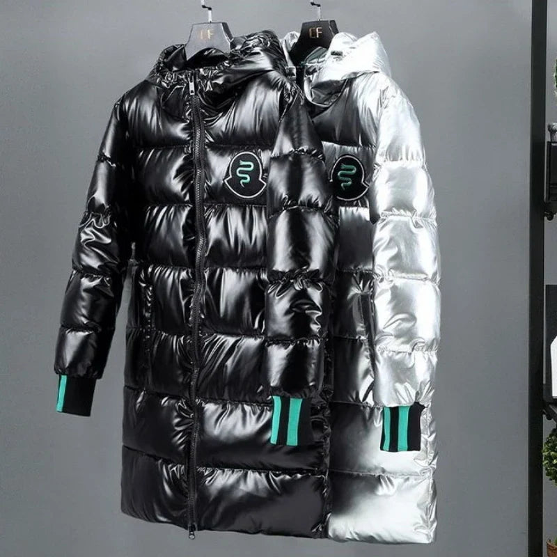 Unisex Langer Steppmantel Glänzend mit Kapuze