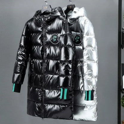 Unisex Langer Steppmantel Glänzend mit Kapuze