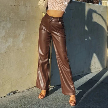 Damen Kunstleder Hose Weites Bein – Hochgeschnittene Hose mit glänzender Optik in verschiedenen Farben