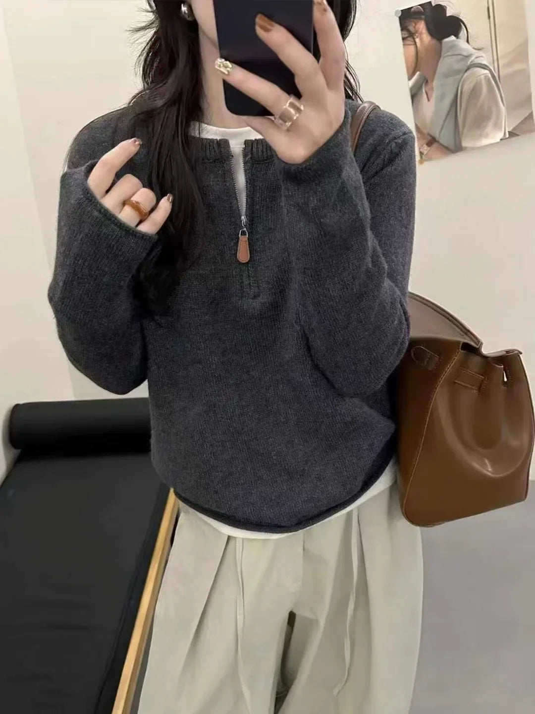 Damen Strickpullover mit Reißverschluss Kragen, Langarm
